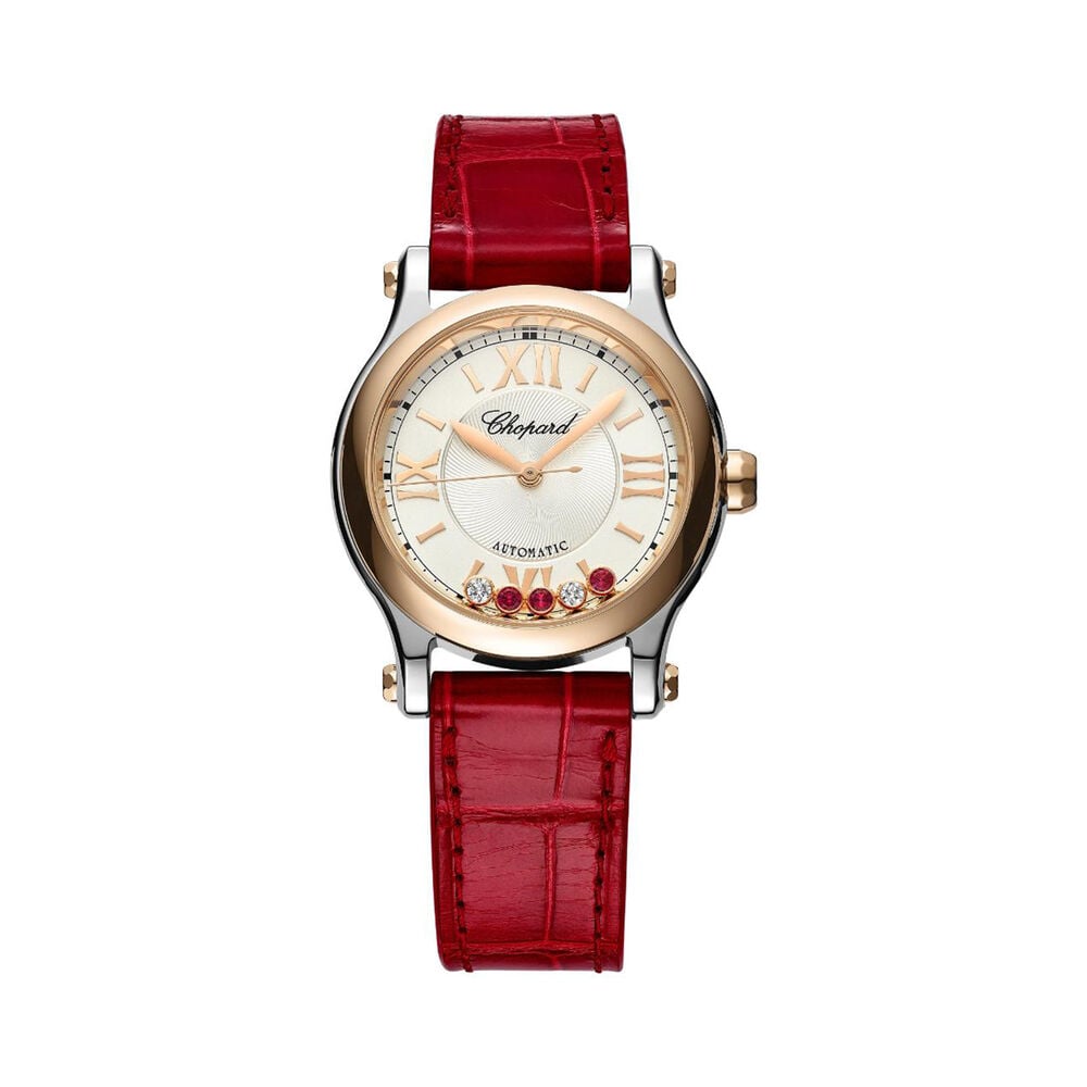 Chopard Happy Sport 30mm Silver Dial Diamond & Ruby Red Leather Strap Watch