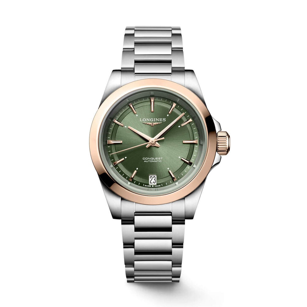 Longines Conquest 34mm Green Dial Pink Gold Case Steel Bracelet Watch image number 0
