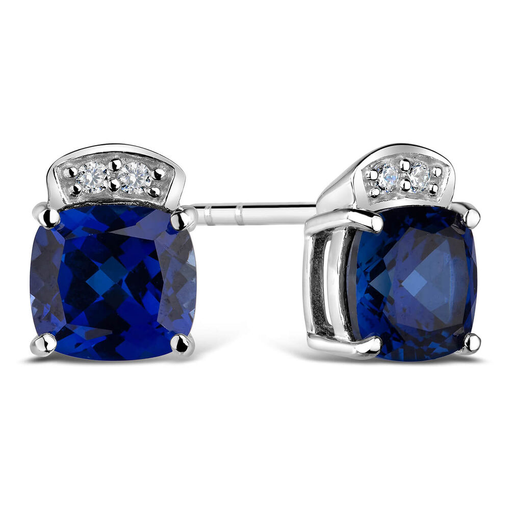 9ct White Gold Cushion Cut Sapphire & Cubic Zirconia Stud Earrings image number 2
