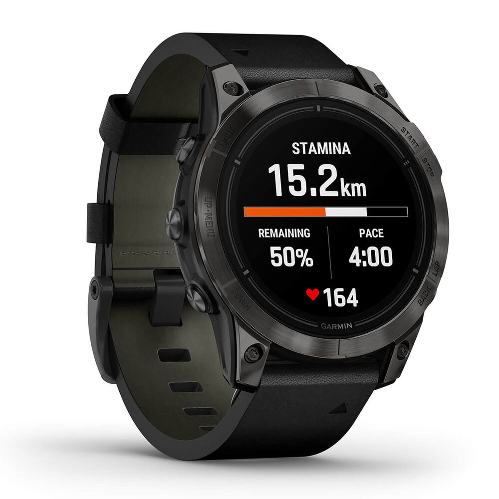 Garmin Epix Pro Gen 2 Sapphire 47mm Carbon Grey DLC Titanium Case Black Leather Strap Watch image number 4
