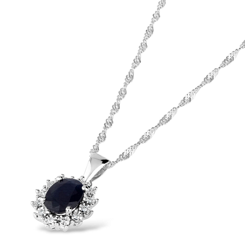 9ct White Gold 0.04ct Diamond Cluster & Sapphire Pendant