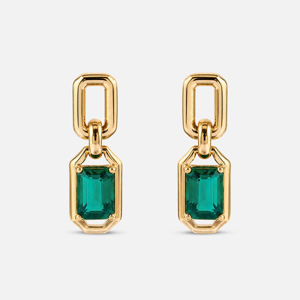 Yellow Gold Plated Vermeil Sterling Silver Created Emerald Rectangular Link Drop Earrings