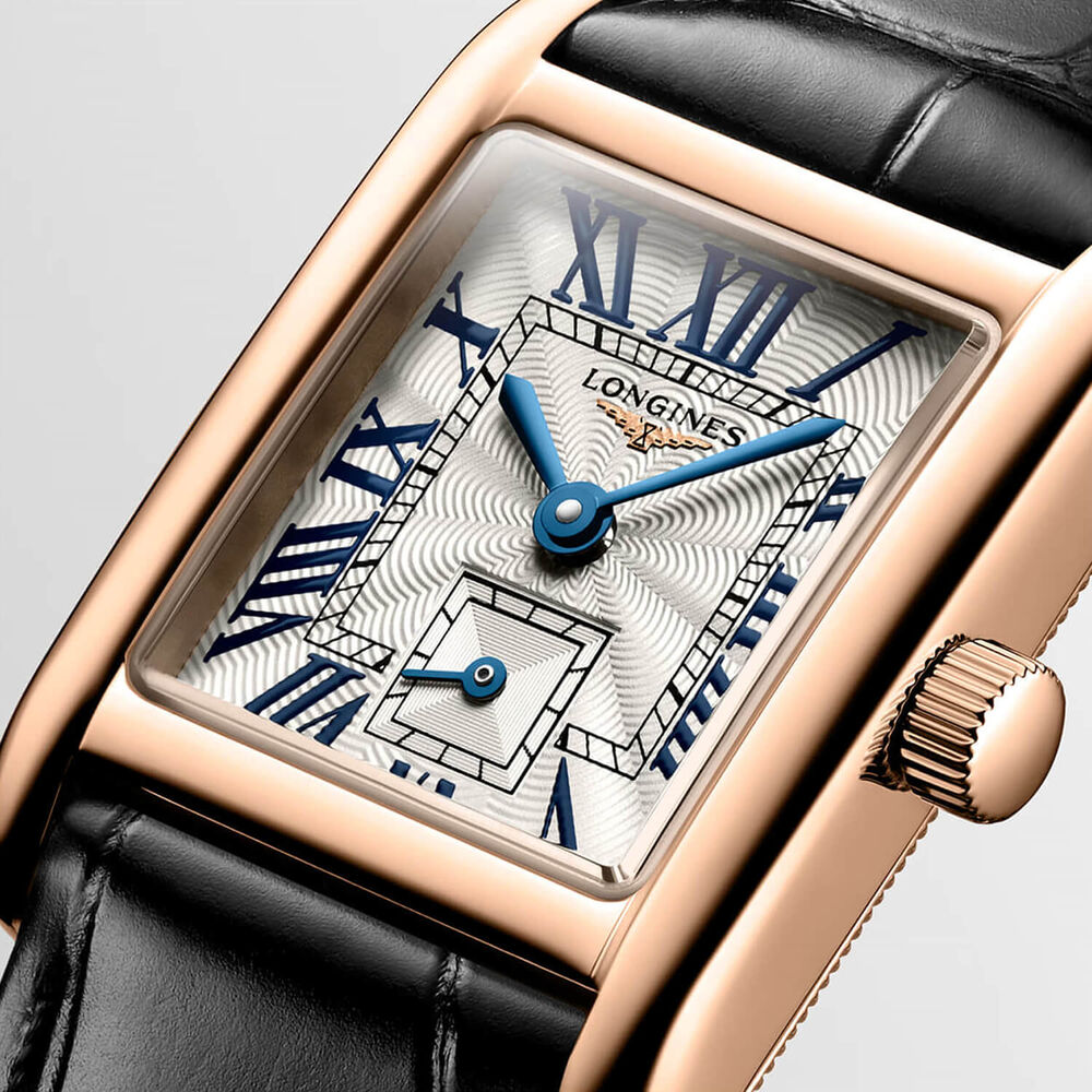 Longines MiniDolcevita 21.5x29mm Silver Dial 18k Pink Gold Case Black Leather Strap Watch image number 4