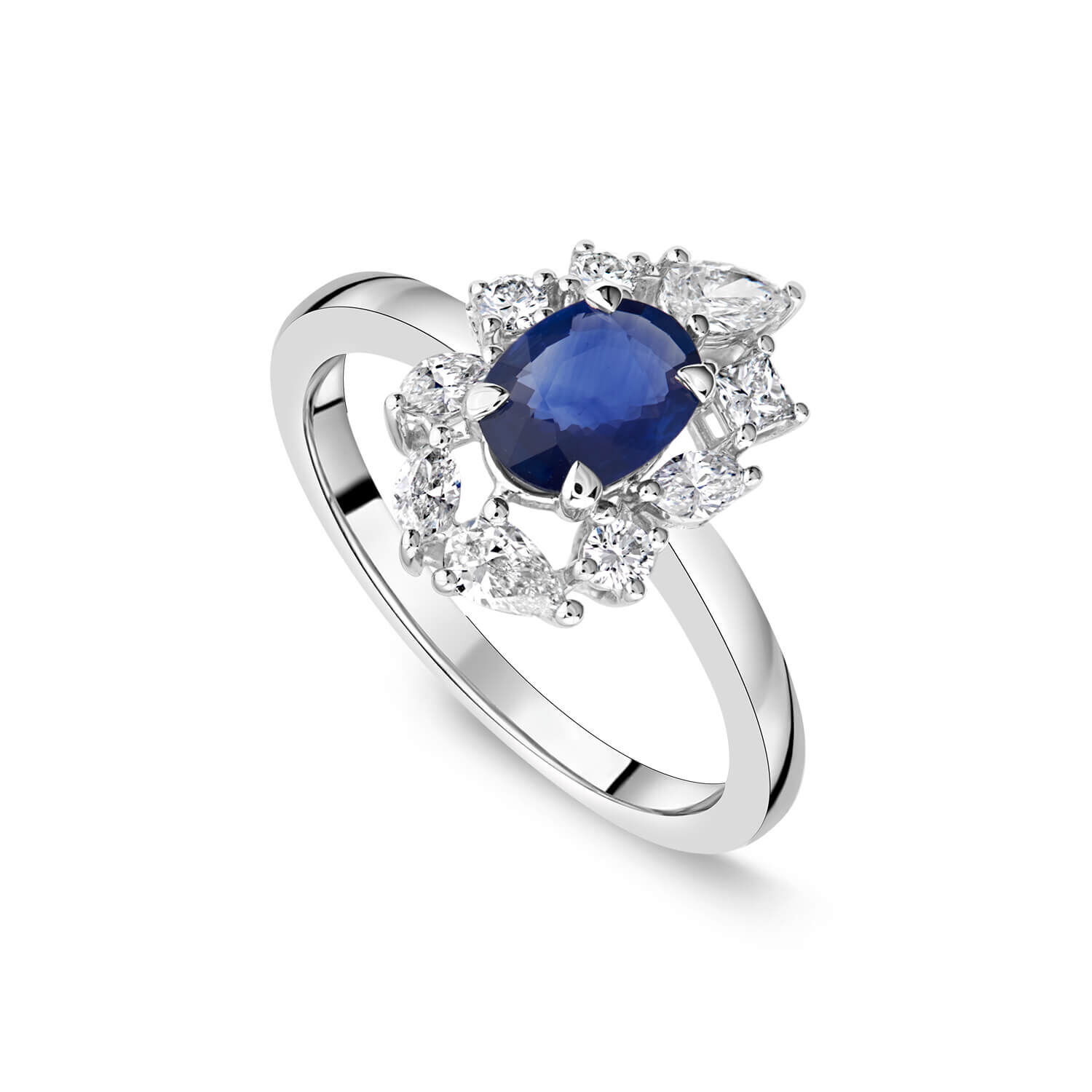 9ct White Gold Sapphire 0.47ct Diamond Mixed Cuts Halo Ring