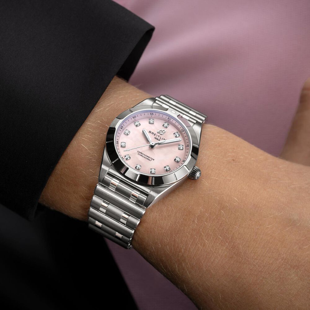 Breitling Chronomat 28mm Pink MOP Dial Diamond Dots Steel Bracelet Watch image number 4