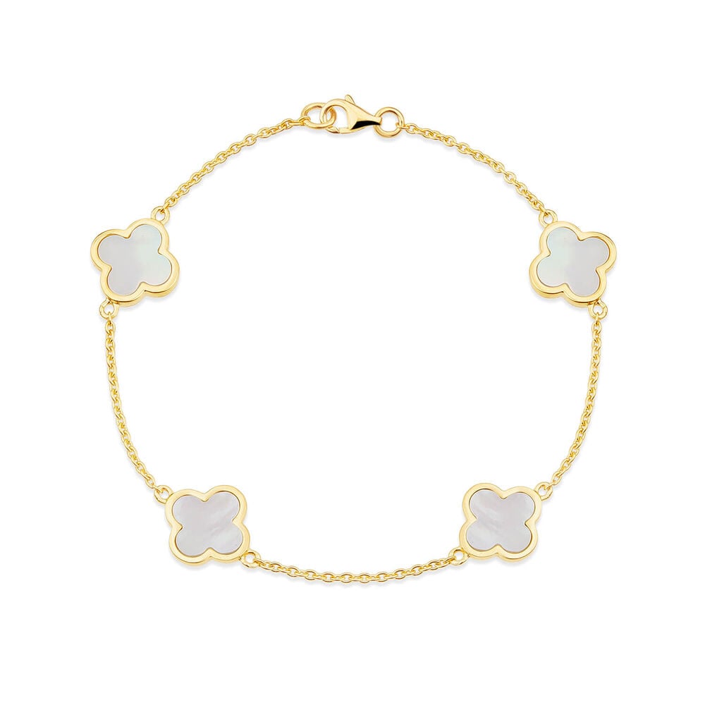 Yellow Gold Plated Sterling Silver Mother of Pearl 4 Clover Petal Bracelet