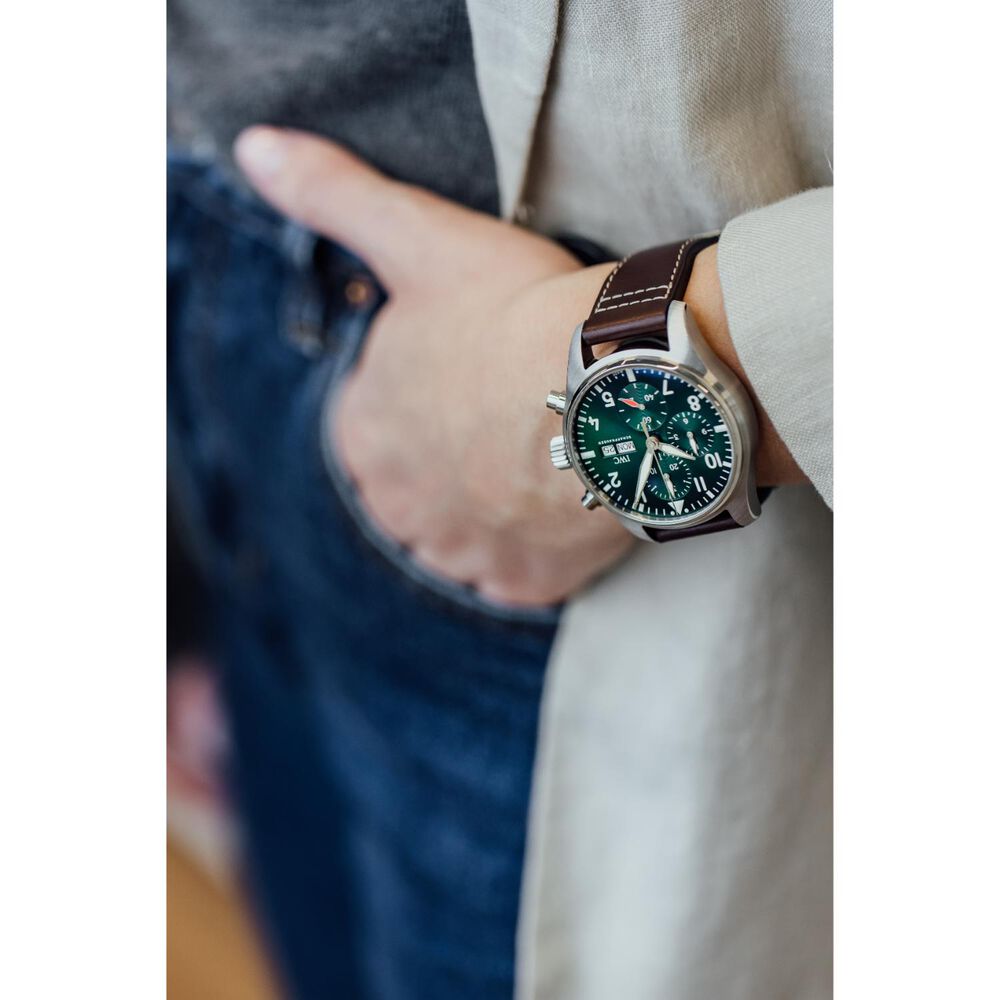 IWC Schaffhausen Pilot's Chronograph 41 Green Dial Steel Case Brown Leather Strap image number 9