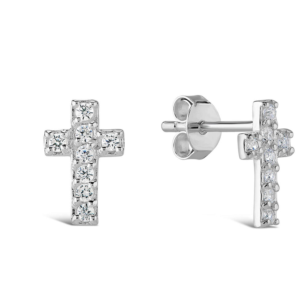 Sterling Silver Cubic Zirconia Set Cross Stud Earrings