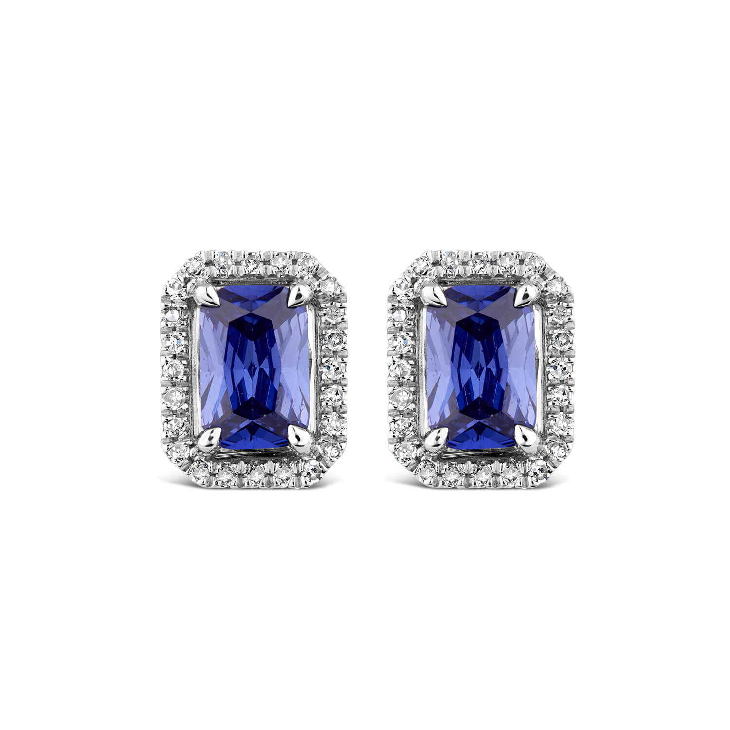 9ct White Gold Created Tanzanite and Diamond Rectangular Created Stud Earrings