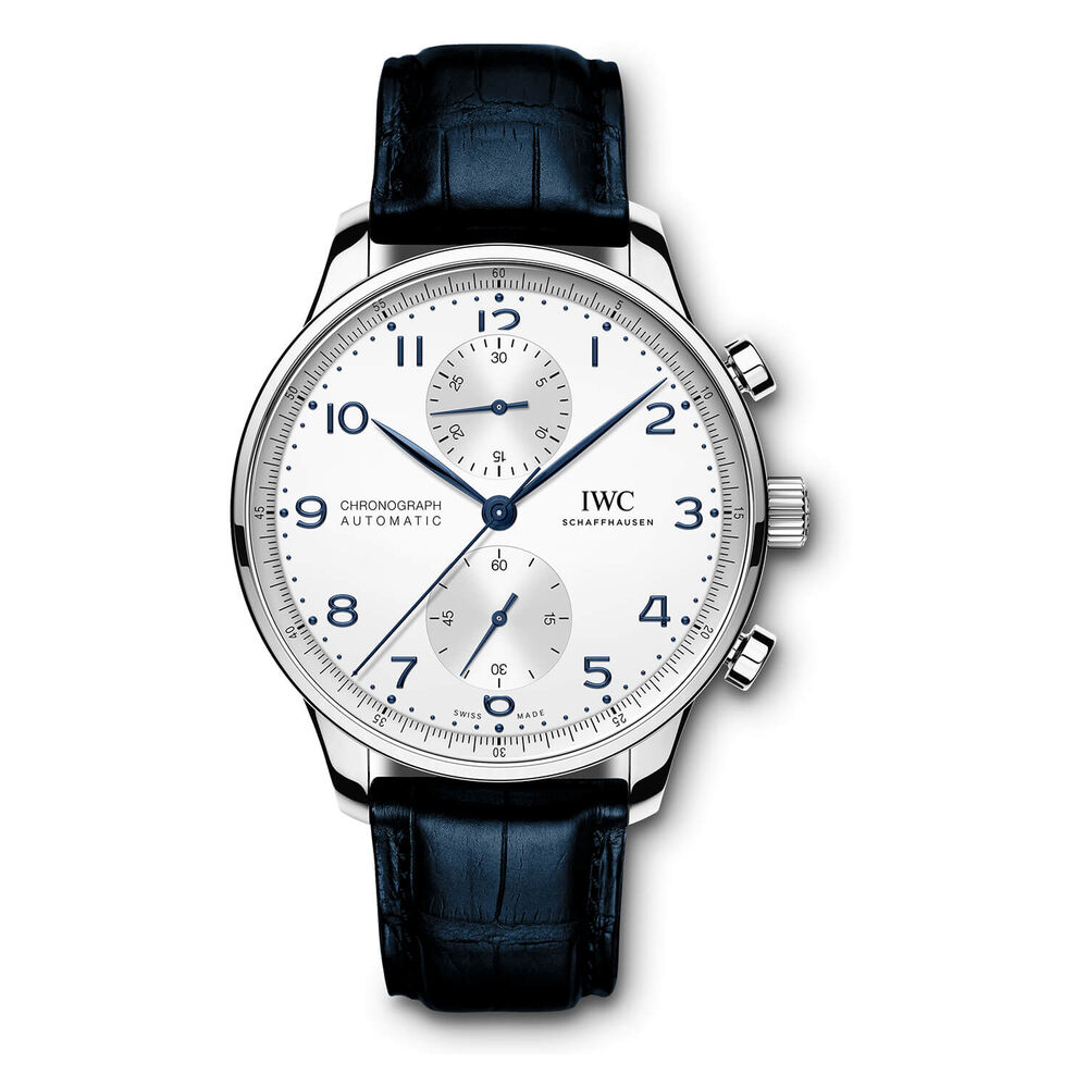 IWC Schaffhausen Portugieser Chronograph Silver Dial Blue Strap Watch
