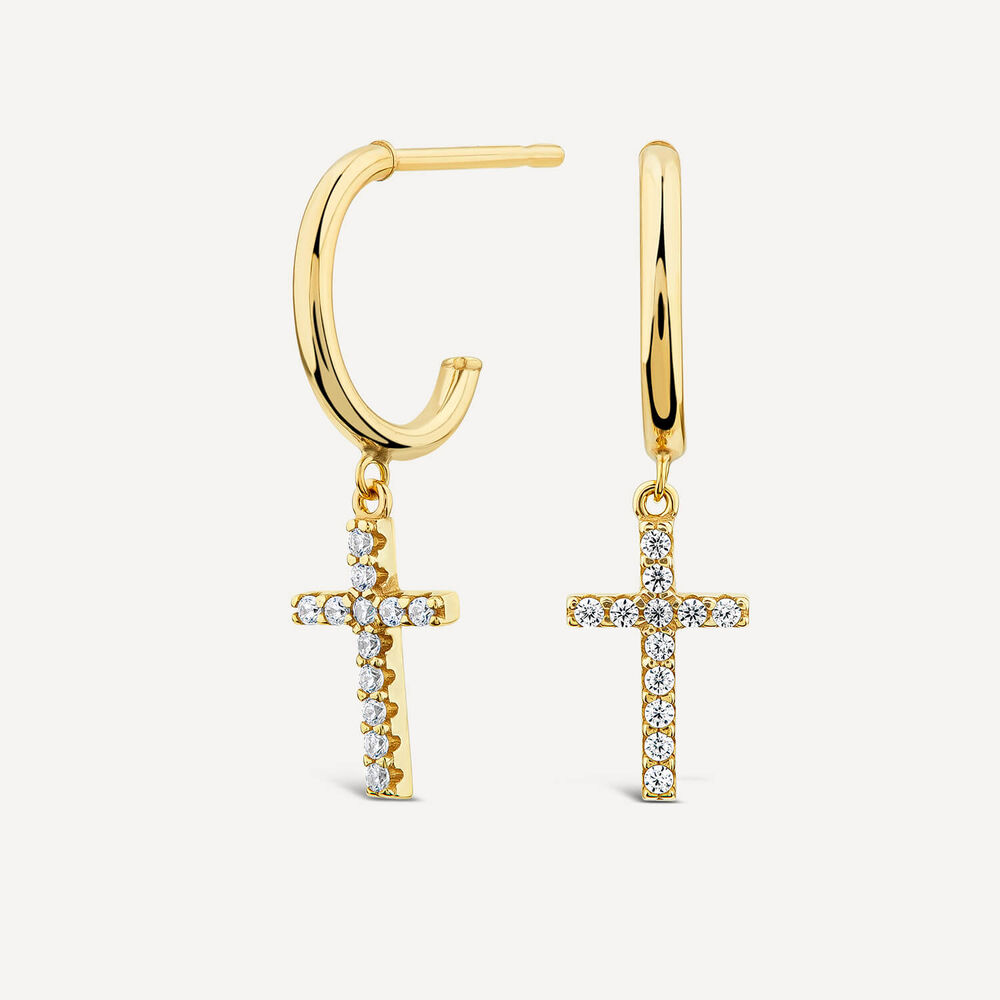 9ct Yellow Gold Cubic Zirconia Drop Cross Hoop Earrings image number 1