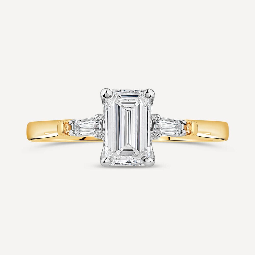 Born 18ct Yellow Gold 1.38ct Lab Grown  Emerald Cut & Baguette Diamond Sides Ring