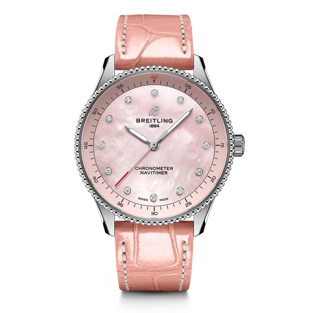 Breitling Navitimer 32mm Pink Pearlised Lab Grown Dial Diamond Pink Strap Watch image number 0