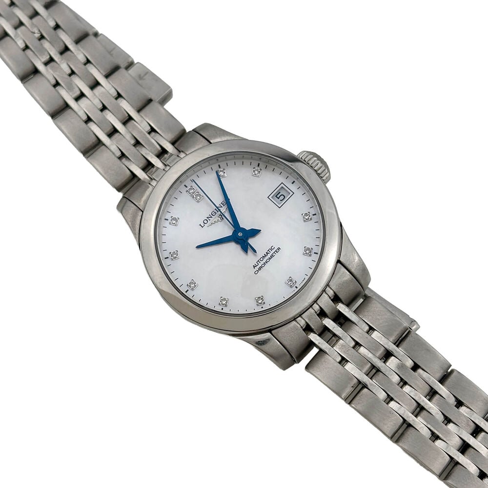 Pre-Owned Longines Record 26mm White Mother of Pearl Dial Diamond Dots Steel Bracelet Watch image number 1