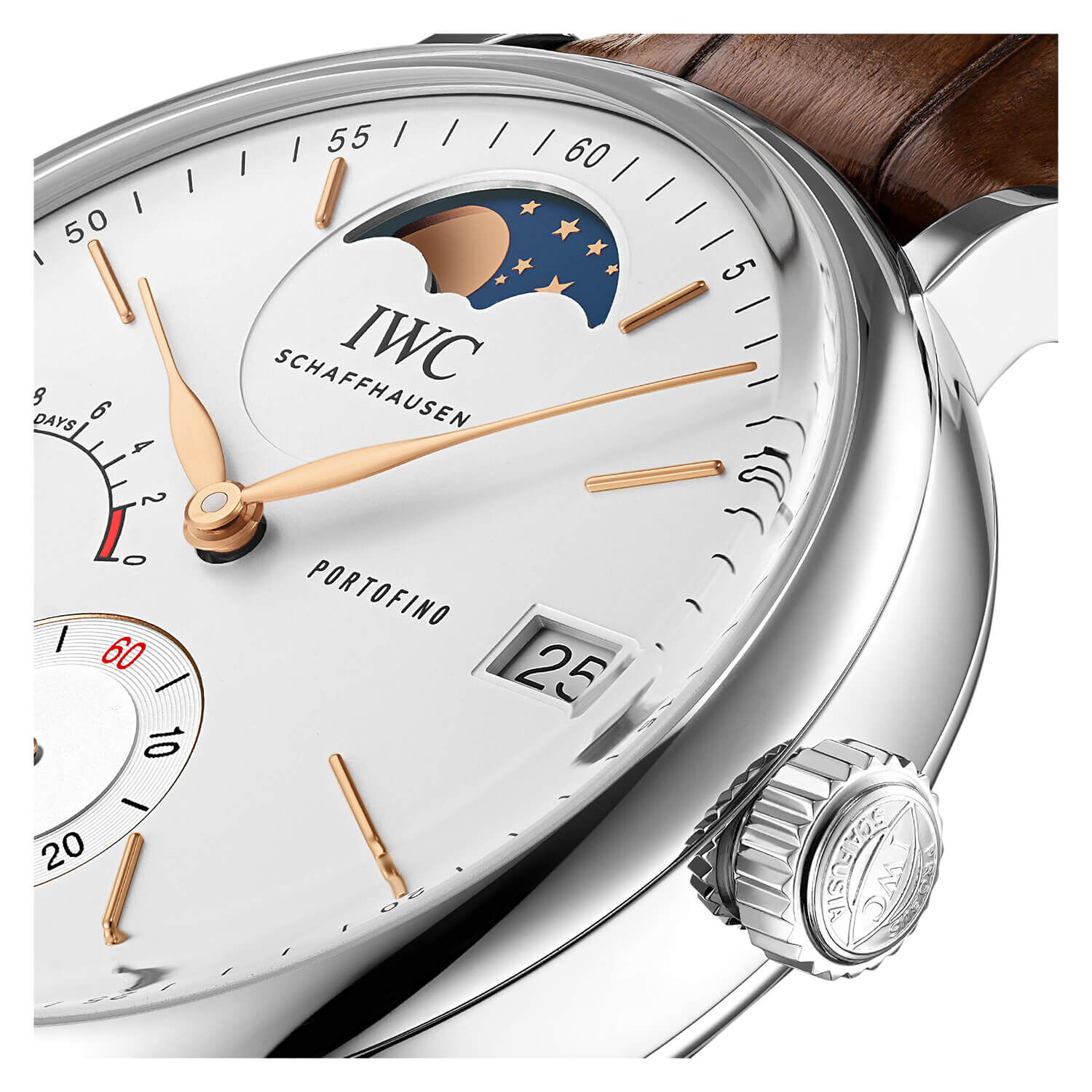 IWC Schaffhausen Portofino Hand Wound Moon Phase Silver Dial Brown Strap Watch