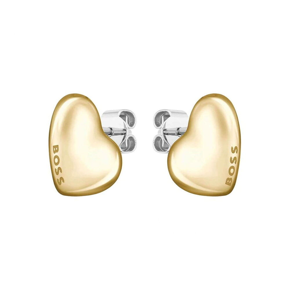 BOSS Honey Gold Toned Stainless Steel Heart Shaped Branded Stud Earrings