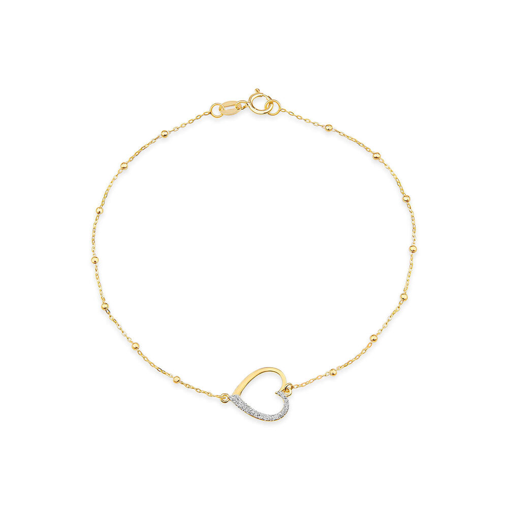 9ct Yellow Gold Half Glitter & Polished Heart Bead Bracelet