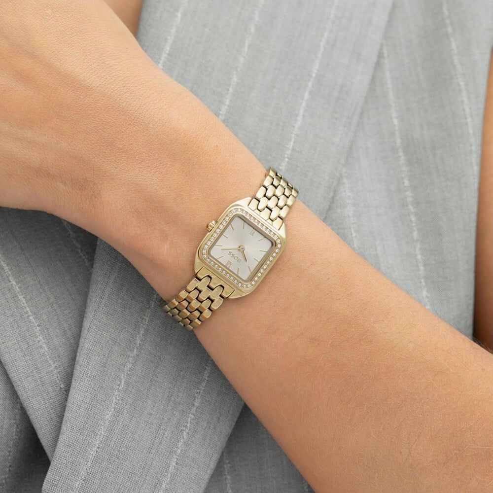 BOSS Mae Petite 22mm Gold Dial Crystal Set Bezel Steel Bracelet Watch