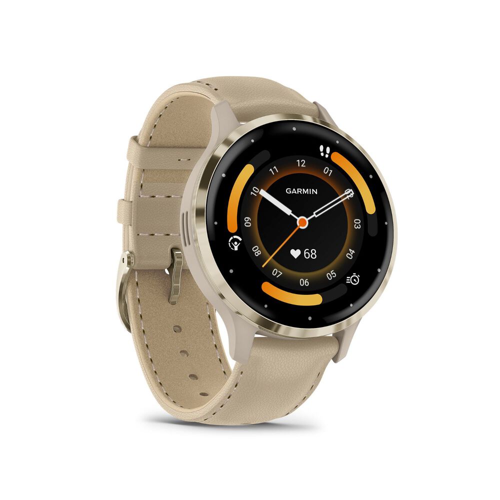 Garmin Venu 3s French Grey 41mm Case Beige Leather Strap Watch image number 2