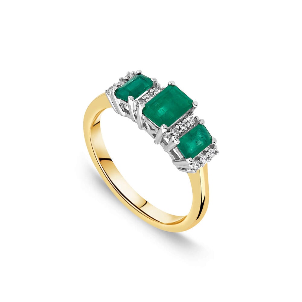 9ct Yellow Gold Three Stone Emerald & 0.12ct Diamond Sections Ring image number 0