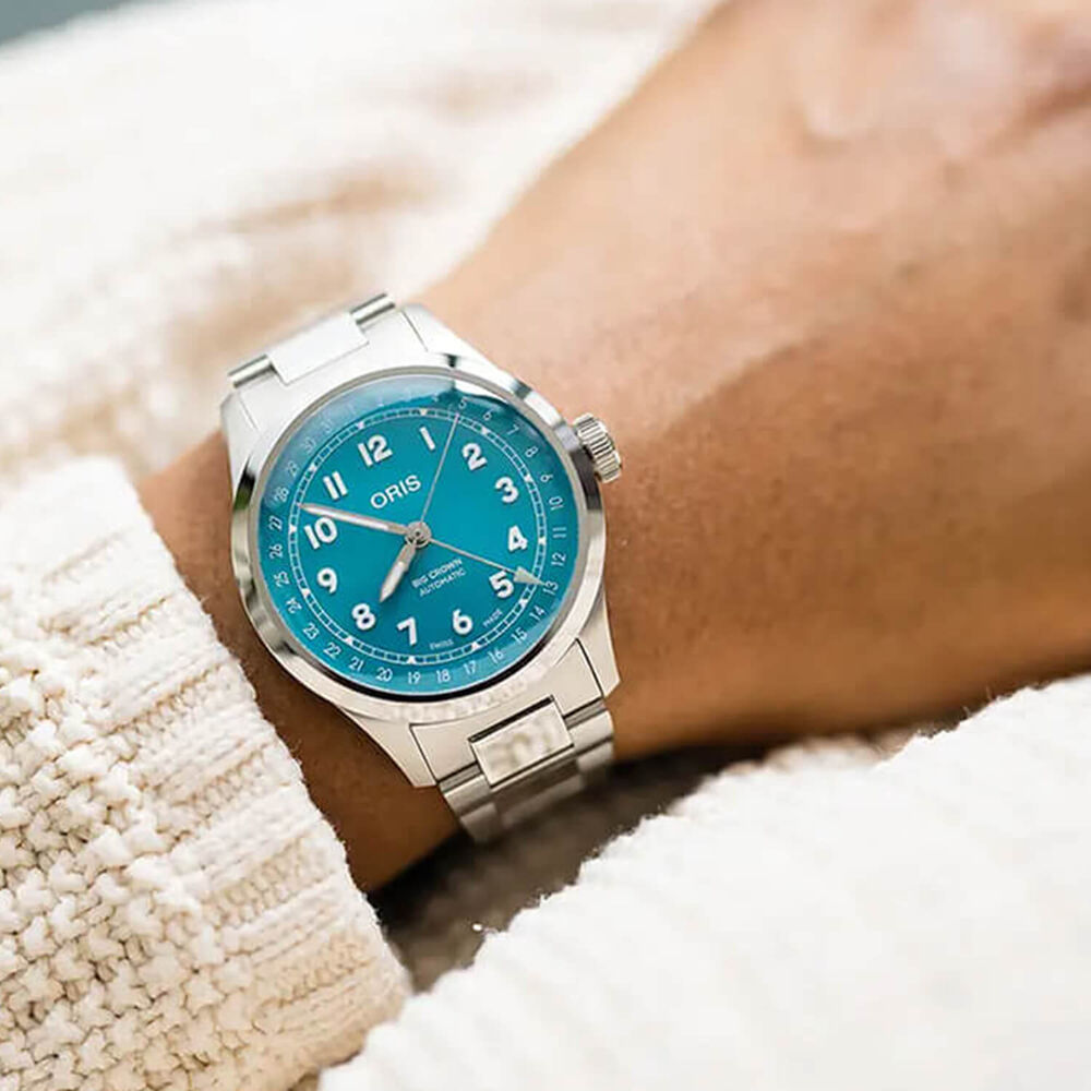 Oris Big Crown Pointer Date 40mm Turquoise Blue Dial Steel Bracelet Watch image number 2
