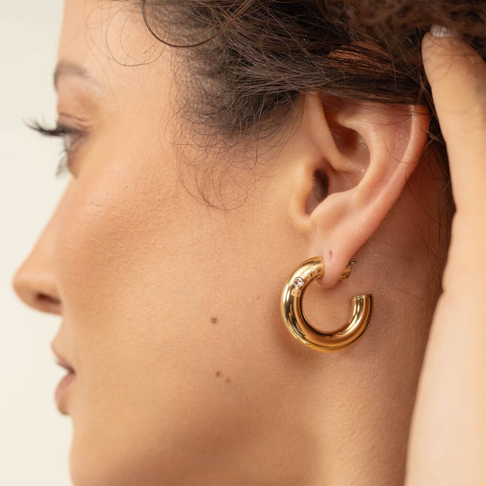 BOSS Live Gold Tone Steel Logo Detail Hoop Earrings image number 3