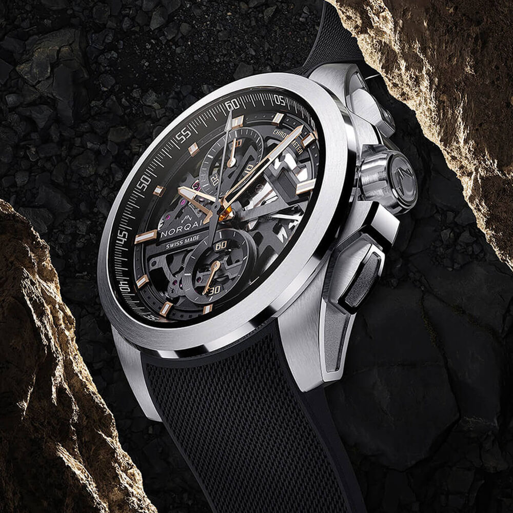 NORQAIN Independence Skeleton Chrono 42mm Dial Black Rubber Strap Watch image number 3