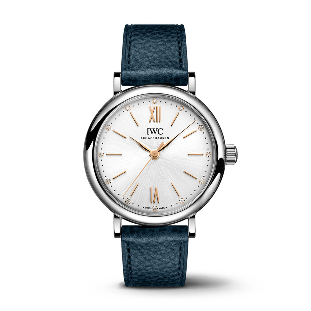 IWC Schaffhausen Portofino 34mm Silver Dial Diamond Dots Blue Leather Strap Watch image number 0