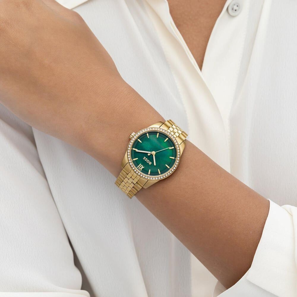 BOSS Graceful 32mm Green Mother of Pearl Dial Gold Tone Steel Bracelet Watch