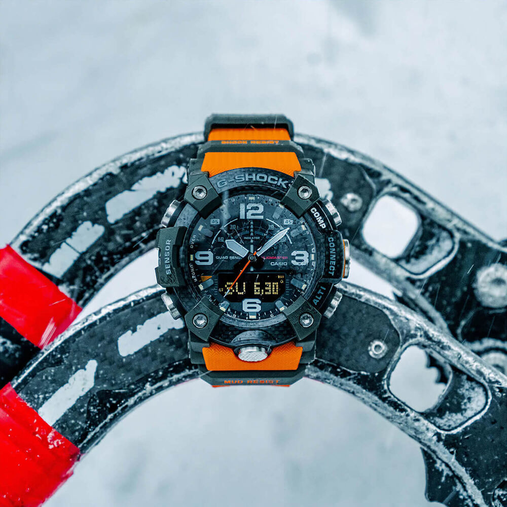 G-SHOCK Master of G Mudmaster 55.4mm Carbon Fibre Bezel & Orange Resin Strap Watch