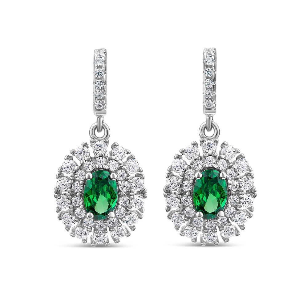 Sterling Silver Green & White Cubic Zirconia Double Halo Drop Earrings