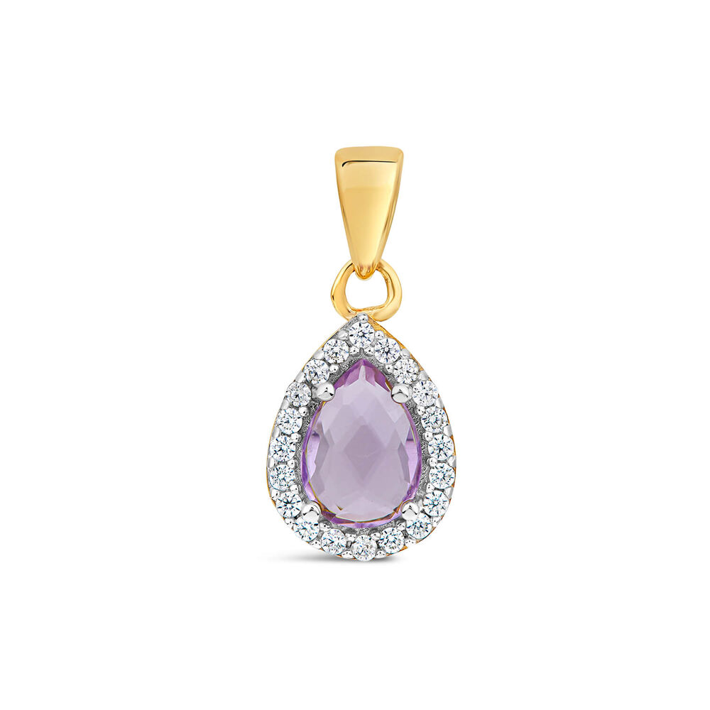 9ct Yellow Gold Pear Amethyst & Cubic Zirconia Pendant (Chain Included)