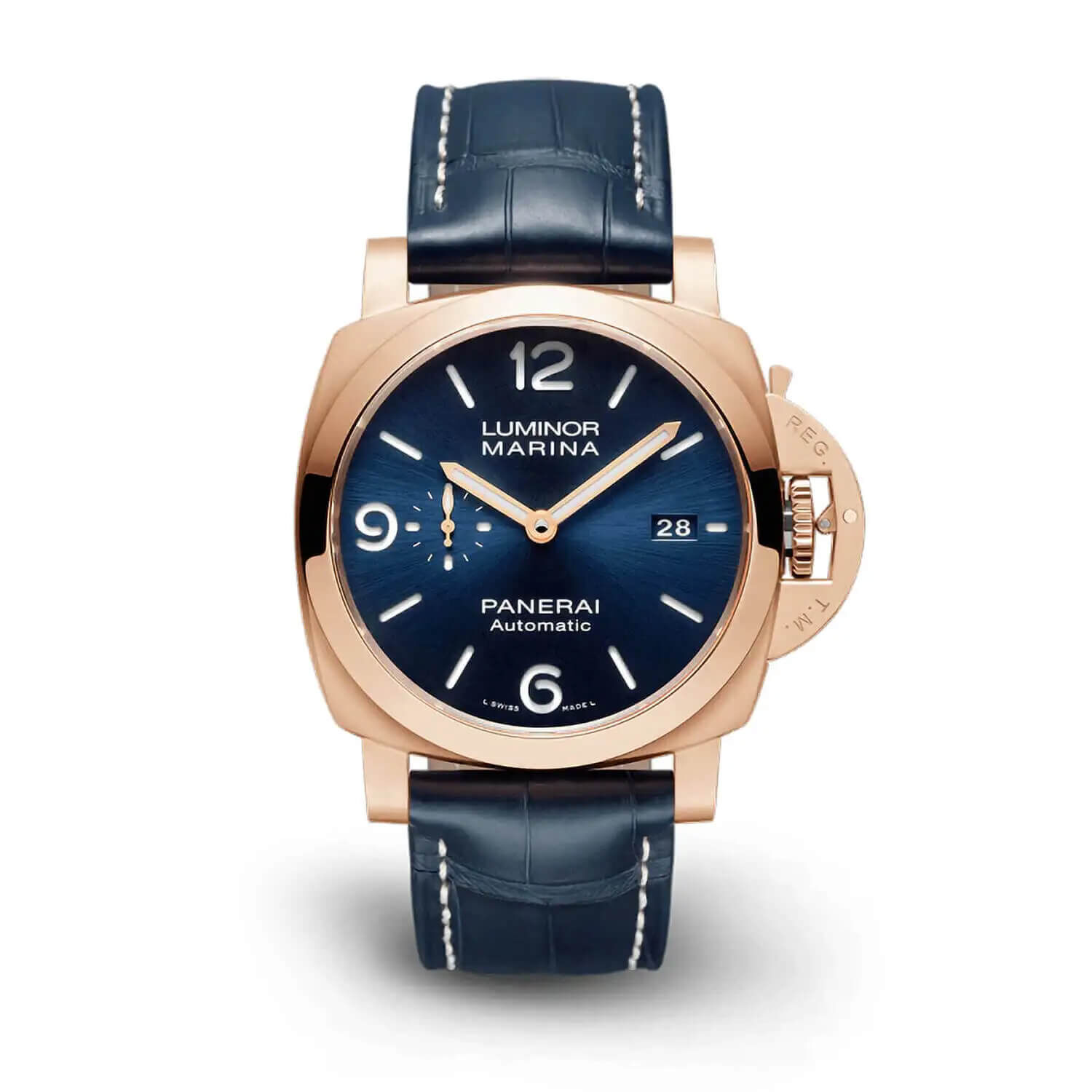 Panerai Luminor 44mm Marina Goldtech Sole Blu Blue Dial Strap Watch