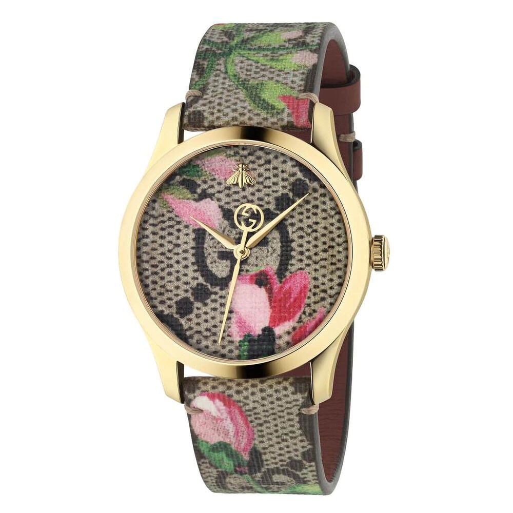 Gucci G-Timeless 38mm Pink Blooms Dial Leather Strap Ladies' Watch