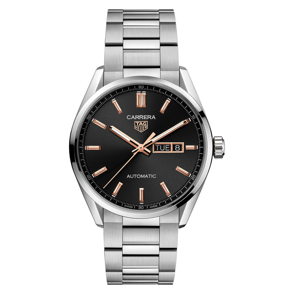 TAG Heuer Carrera Day-Date 41mm Black Dial Rose Gold Index Stainless Steel Bracelet Watch image number 0
