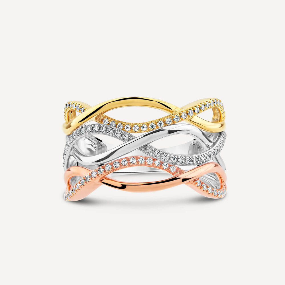 9ct Three Colour Gold 0.25ct Diamond Open Plaited Ring