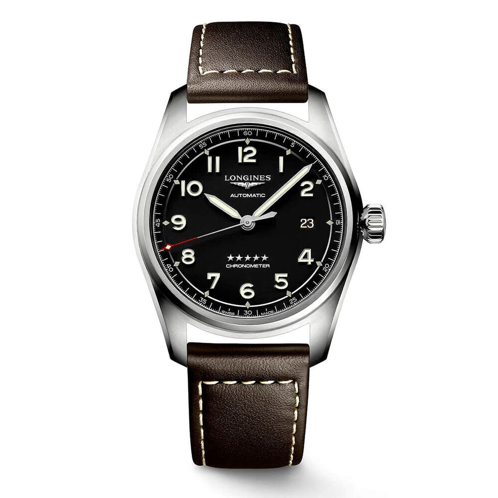 Longines Avigation Spirit 40mm Black Steel Case Brown Strap Watch