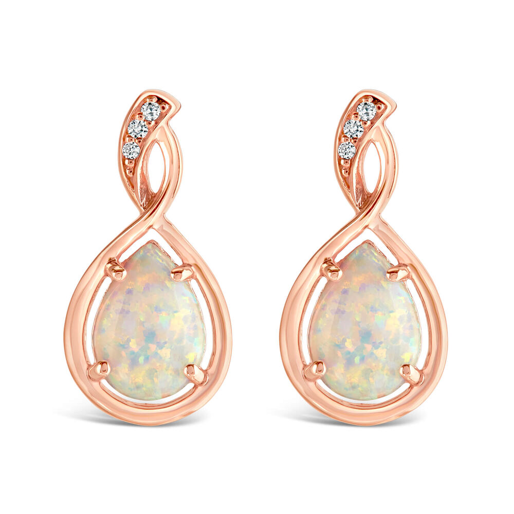 9ct Rose Gold Created Opal Twist Diamond Top Pear Stud Earrings