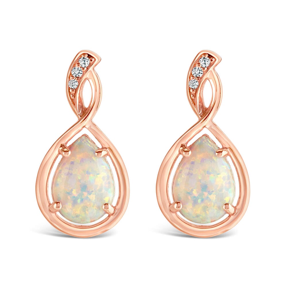9ct Rose Gold Created Opal Twist Diamond Top Pear Stud Earrings