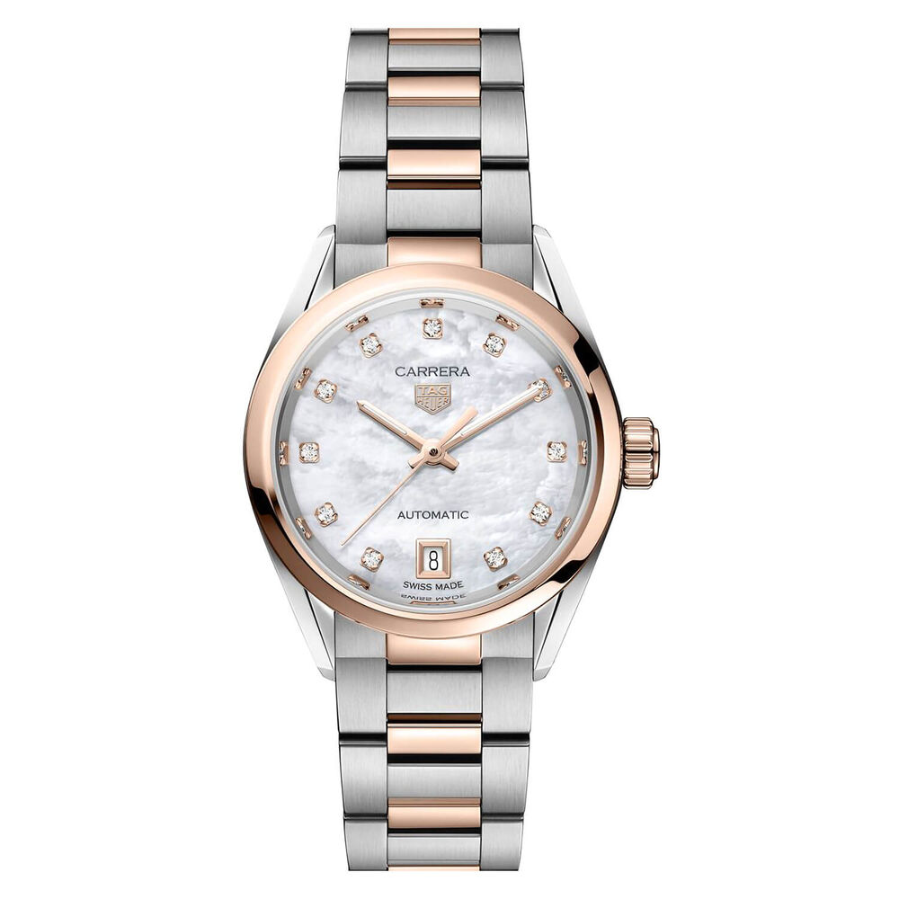 Pre-Owned TAG Heuer Carrera Date 29mm White Dial Diamond Dots Steel & Rose Gold Bracelet Watch image number 0
