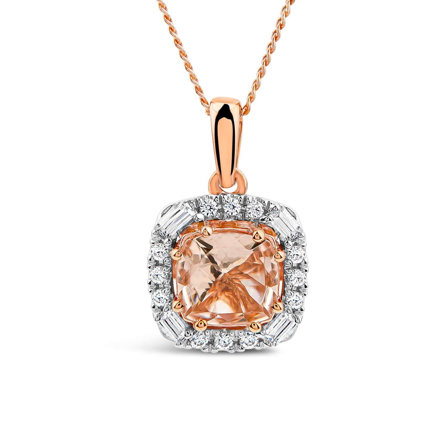 9ct Rose Gold Cushion Morganite 0.25ct Diamond Pendant