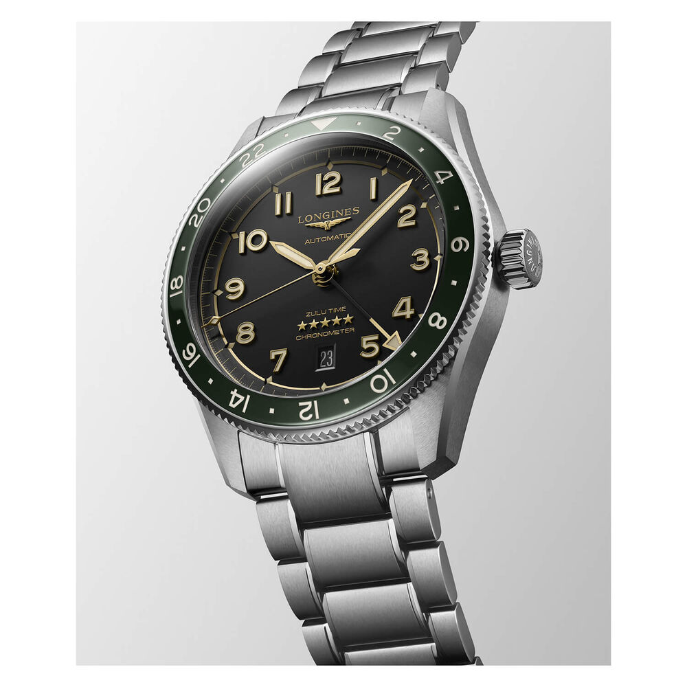 Longines Avigation Spirit Zulu 42mm Automatic Black Dial Green Bezel Steel Case Bracelet Watch image number 2