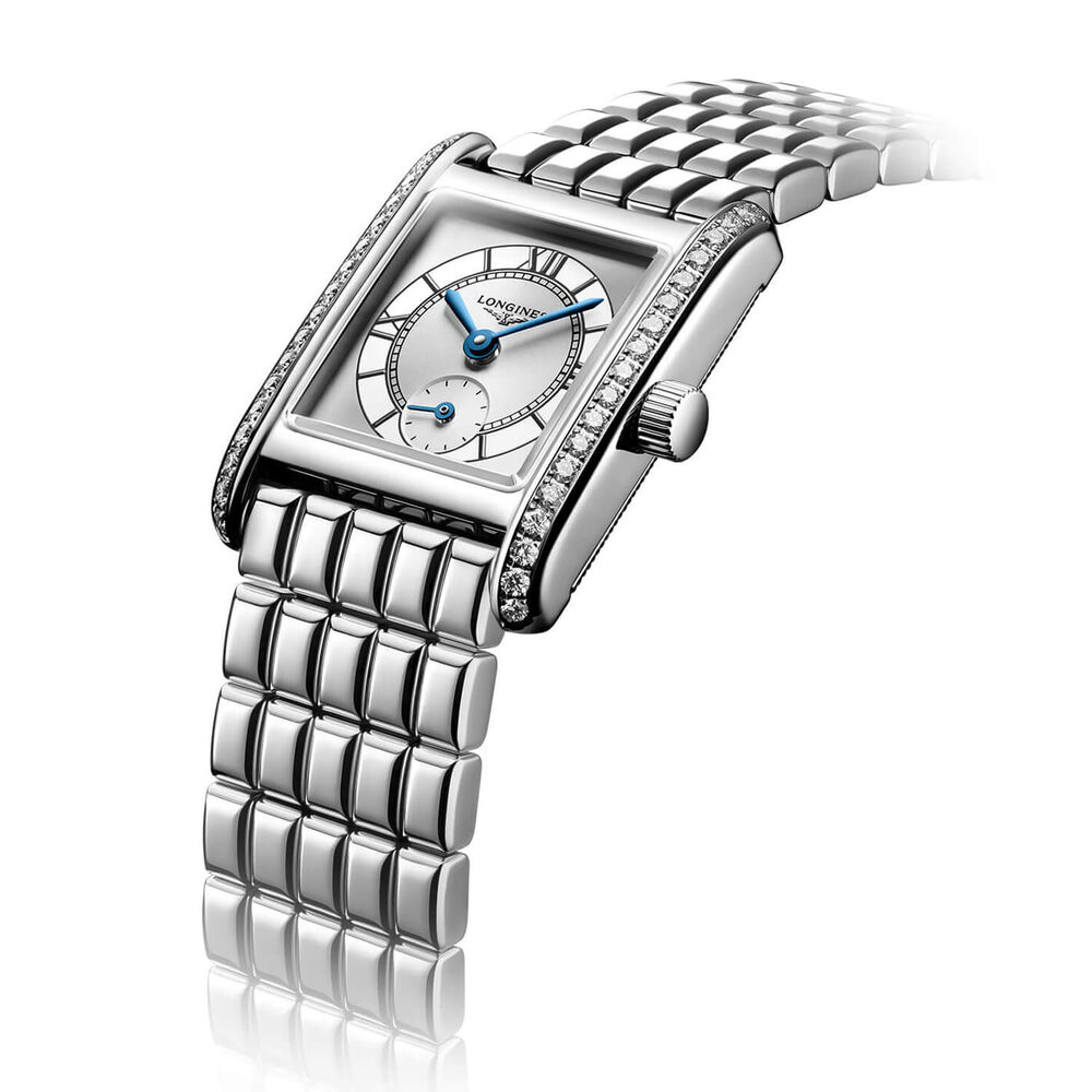 Longines MiniDolcevita 2023 29x21.5mm Silver "flinqué" Cosmo Circle Dial Diamond Case Watch image number 5