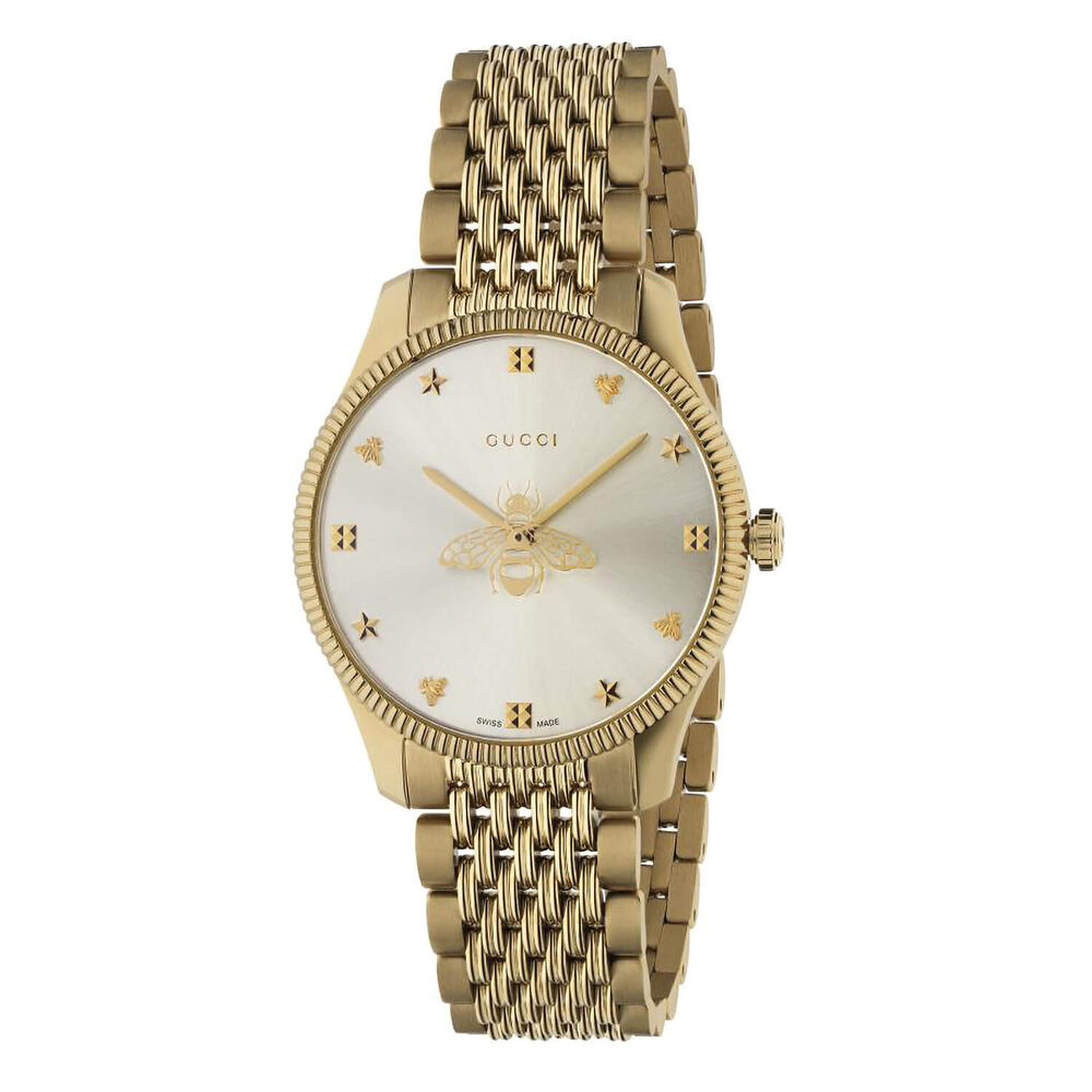 Gucci G-Timeless 36mm Silver Bee Detail Yellow Gold PVD Case Watch