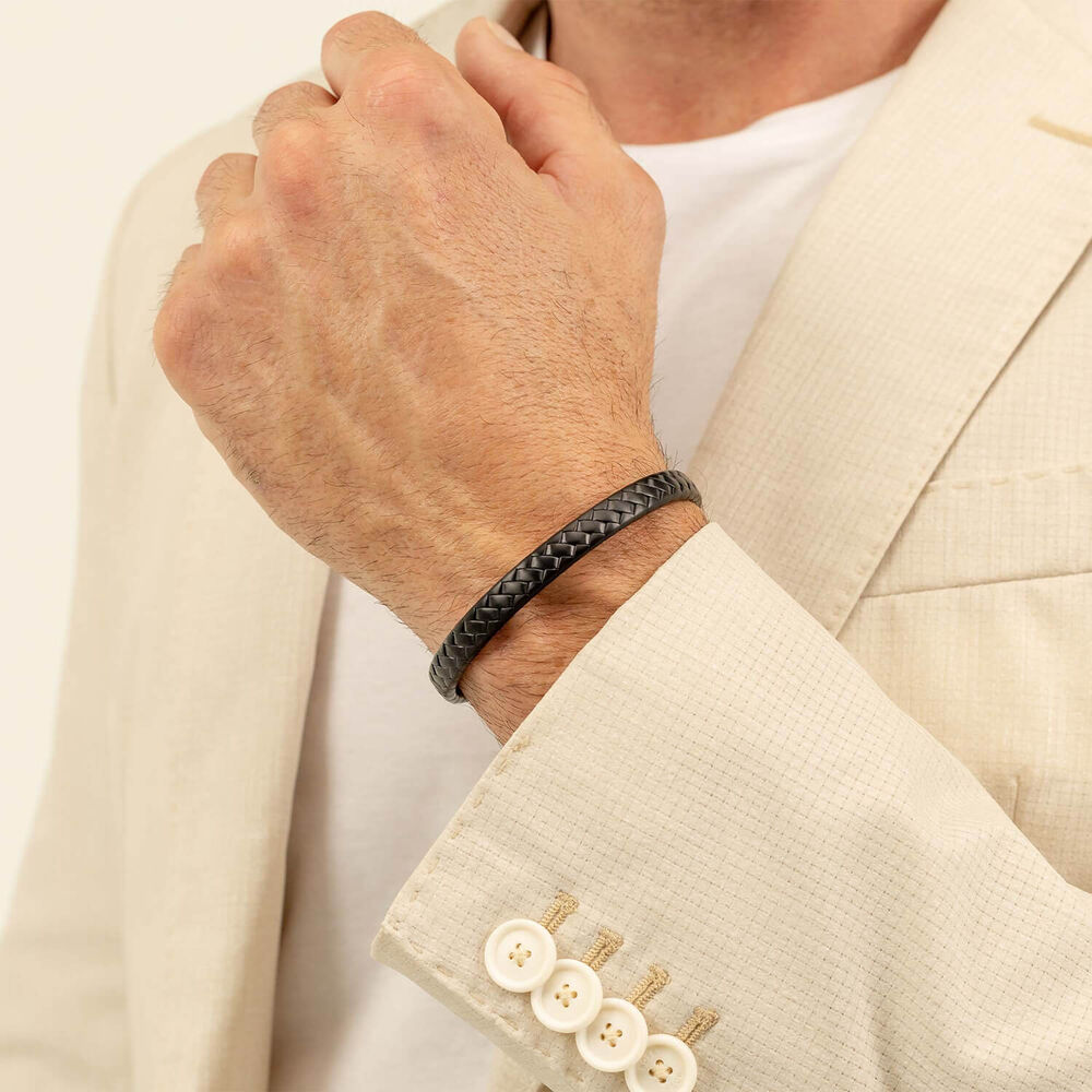 BOSS Tailored Black Tone Herringbone Pattern Steel Bangle image number 3