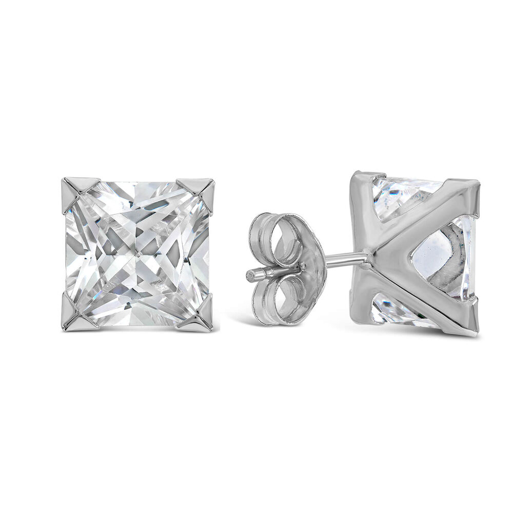 9ct White Gold 8MM Princess Cut Cubic Zirconia Stud Earrings image number 2
