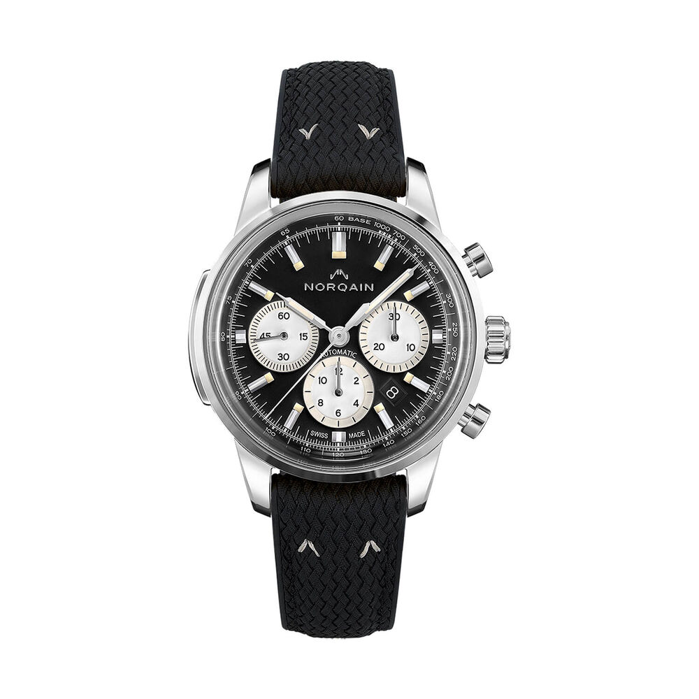 NORQAIN Freedom 60 Chronograph 43mm Black Dial & Silver Counters Perlon Rubber Strap Watch