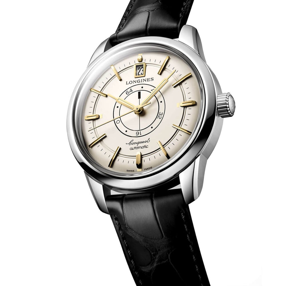 Longines Conquest Heritage Central Power Reserve 38mm Champagne Dial Black Leather Strap Watch image number 1