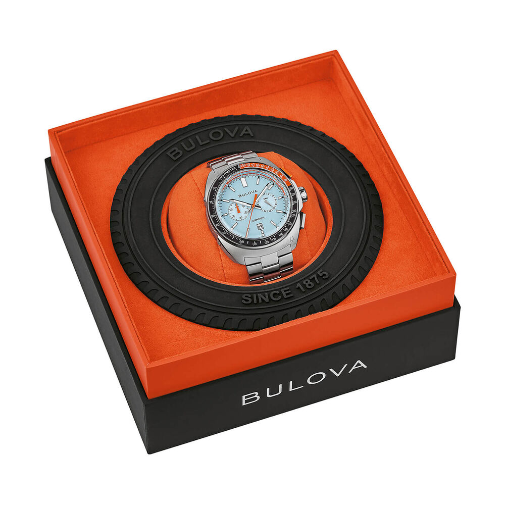 Bulova Racer Chronograph 42mm Blue Dial Black & Orange Bezel Steel Bracelet Watch image number 3