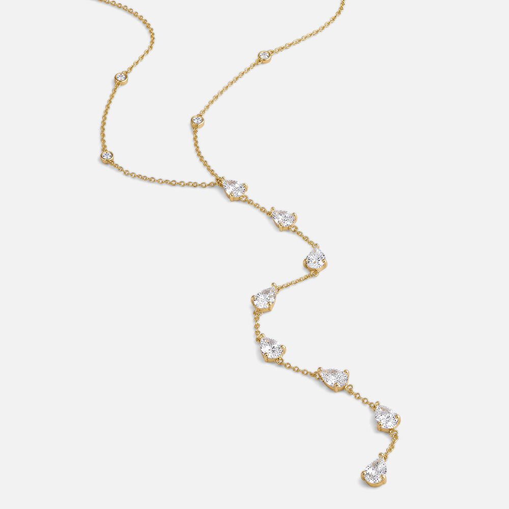 Yellow Gold Plated Sterling Silver Pear Cubic Zirconia Y Drop Necklet